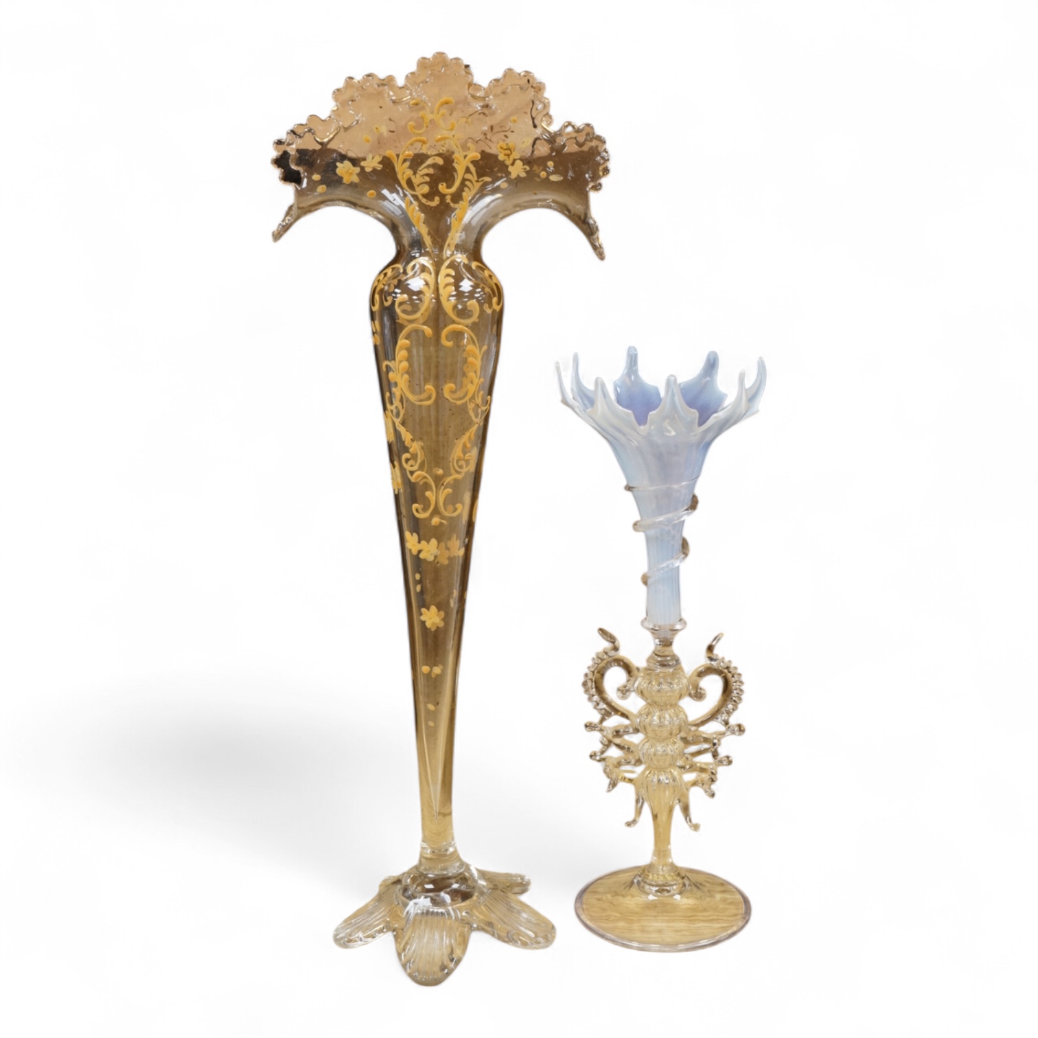 A Venetian opaline glass vase with decorative stem and a similar larger example, 36cm high